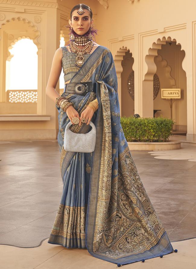 Silk Sky Blue Wedding Wear Embroidery Work Saree